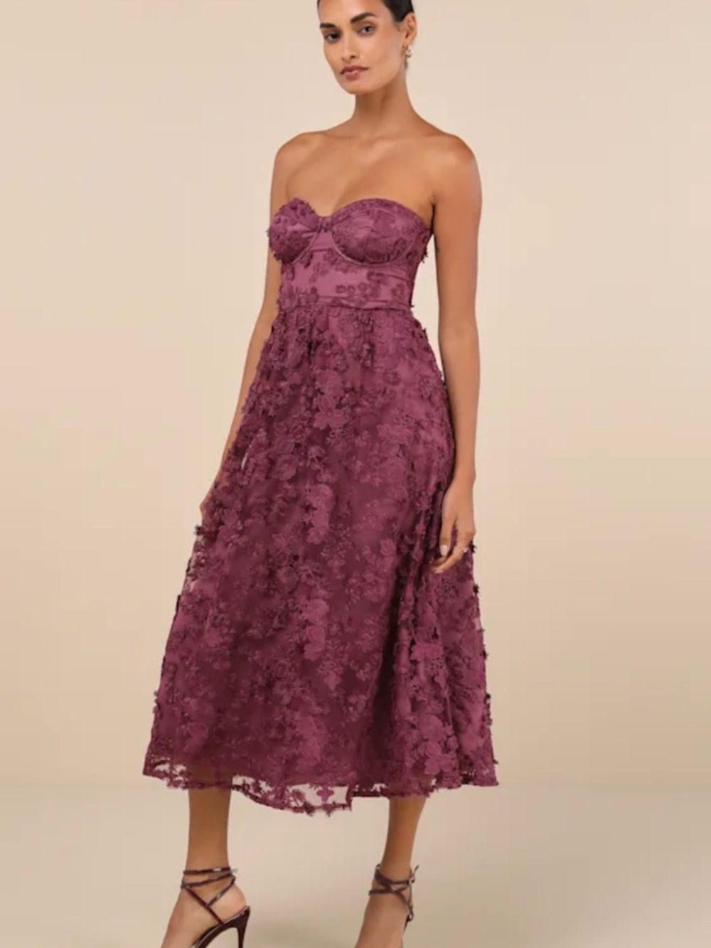 Lulu’s Quite Perfect Purple Floral Embroidered Strapless Midi Dress